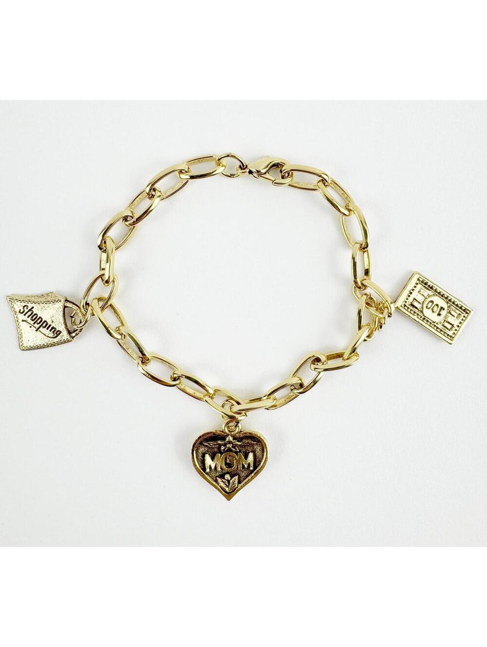 3 Charm Gold Bracelet -Love Mom, Heart, Shopping, Money Charms- Mothers Day Gift